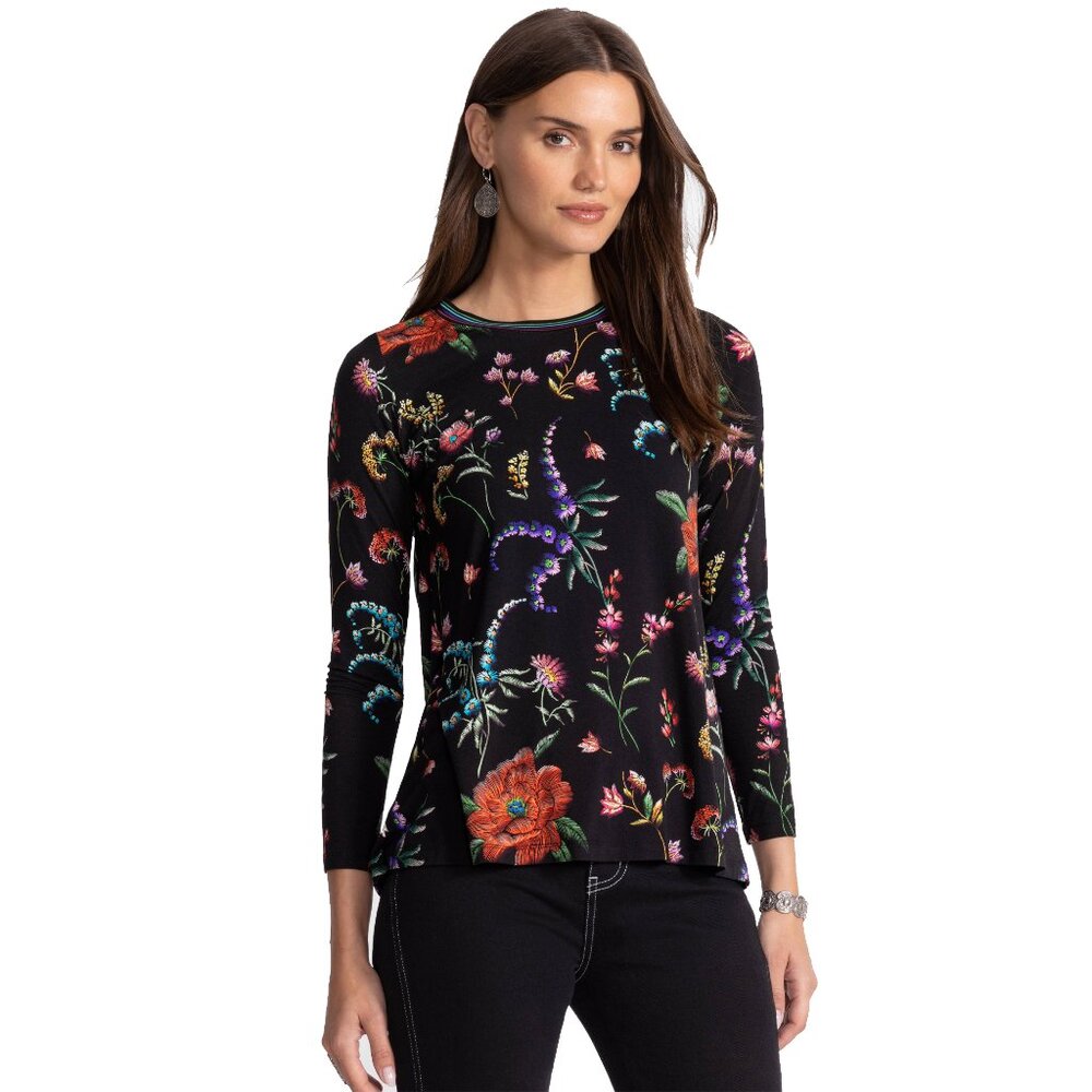 Johnny Was Janie Favorite Mayra Schiffli Long Crew Swing Tee Shirt Black Top NEW